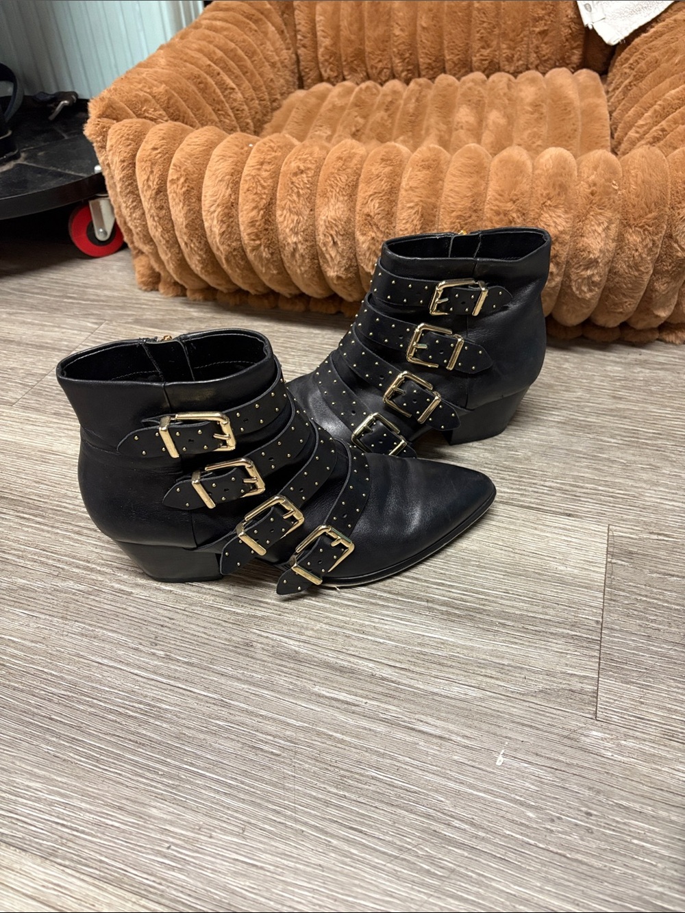 Gold-Studded Buckle Strap Black Ankle Booties
